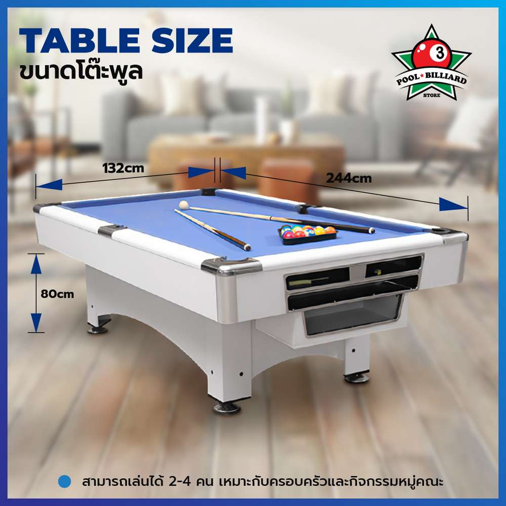 โต๊ะพูล Pool Billiard Table รุ่น V.14 ขนาด 8 ฟุต โต๊ะสีขาว สักหลาดสีน้ำเงิน